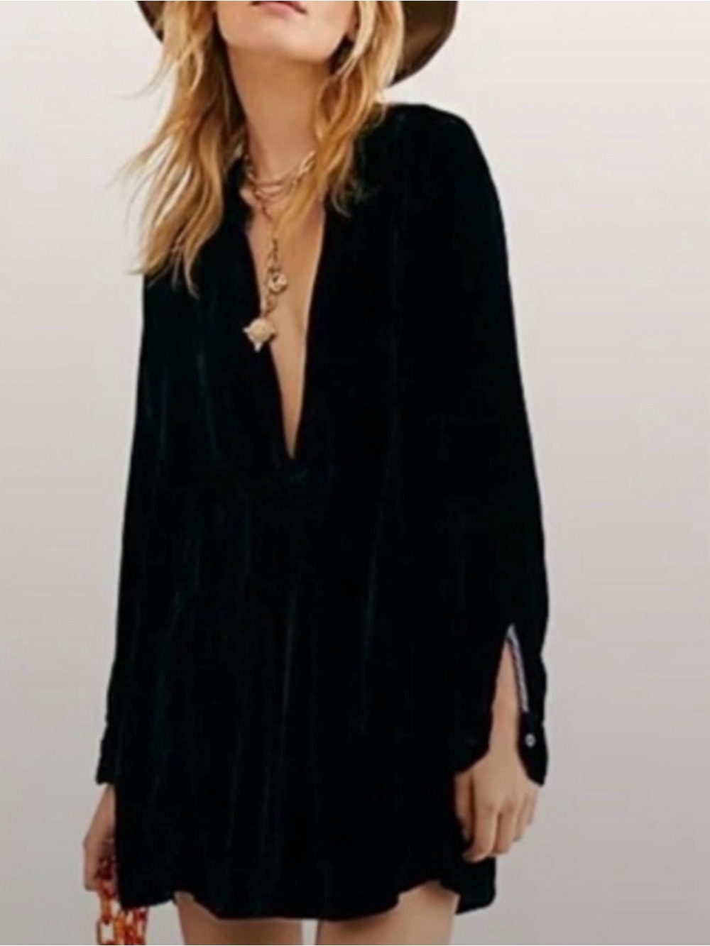 Free People x CP Shades Black Velvet Long Sleeve Tunic Mini Dress Size Small